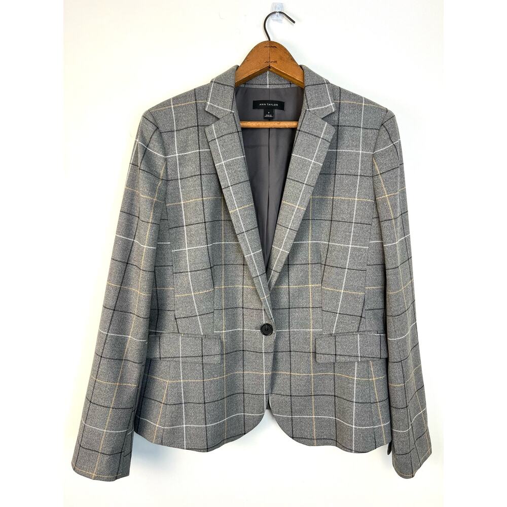 Ann Taylor Blazer Womens 8 Gray Windowpane Plaid Single Breasted Classic